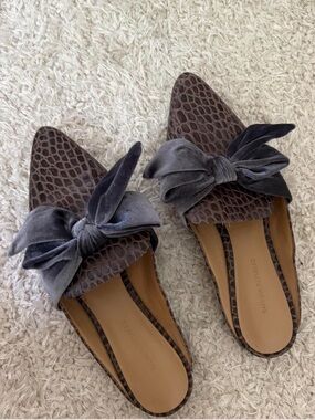 Banana Republic Brown Croc-Embossed Pointed Mules with Gray Velvet Bow